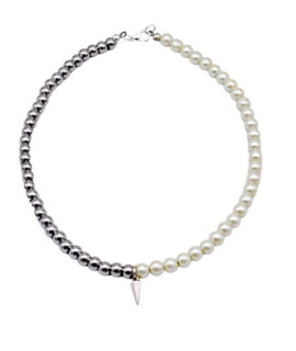 Hematite Beads, Glass Pearl Beads And Silver Spike Charm Beaded Necklace, 18”