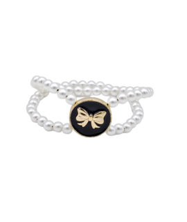 Black Enamel Bow Charm And Faux Pearl Double Layered Bracelet, 8”