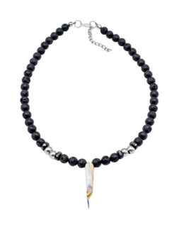 Black Lava Stones, Hematite Beads And Ivory Pendant Necklace, 18”