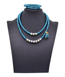Electroplated Glass Beads And Peacock Blue Glass Pearl Necklace Set, 18”