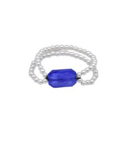 Royal Blue Rectangle Bead, Faux Ivory Pearl Double Layered Bracelet, 8”