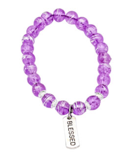 Purple Metallic Silver Glass Beads And Charm Beaded Bracelet, 8”