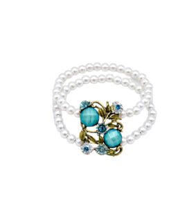 Zircon Blue Crystal Flower And Faux Pearl Double Layered Bracelet, 8”