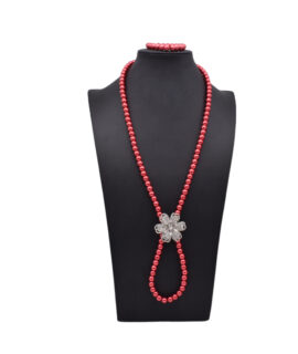 Silver Rhinestone Pendant Bead And Red Glass Pearl Necklace Set