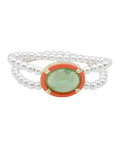 Oval Enamel Charm And Faux Pearl Double Layered Bracelet, 8”