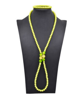 Neon Metallic Beads, Gold Ring Beads And Lime Green Glass Pearl Necklace Set