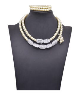 White Crackle Beads And Ivory Glass Pearl Necklace Set, 18”