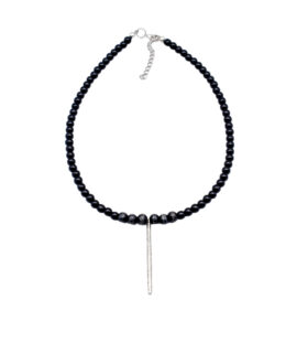Black Onyx Beads And Antique Silver Bar Pendant Necklace, 18”