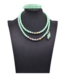 Electroplated Glass Beads And Light Green Glass Pearl Necklace Set, 18”