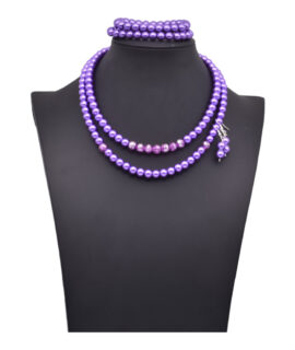 Metallic Glass Beads And Purple Glass Pearl Necklace Set, 18”