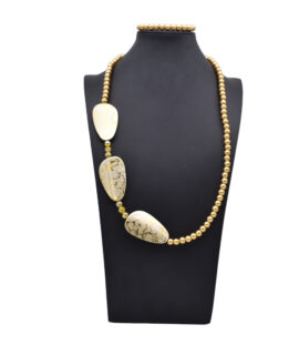 Gold Crackle Beads, Yellow Silver Metallic Glass Beads And Gold Glass Pearl Necklace Set