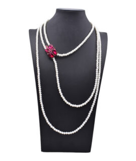 Swarovski Fuchsia Marquis Bead And Multilayered Faux Ivory Pearl Necklace