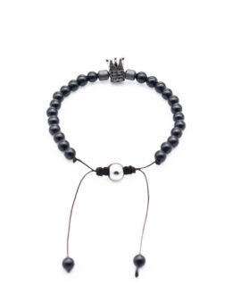 Cubic Zirconia Pave Crown Charm, Onyx Beads & Matte Hematite Beaded Bracelet