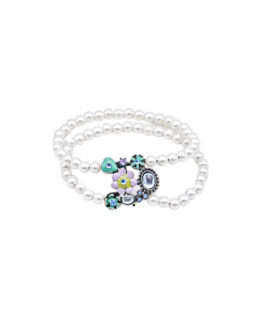 Blue & Purple Enamel Flower Charm And Faux Pearl Double Layered Bracelet, 8”